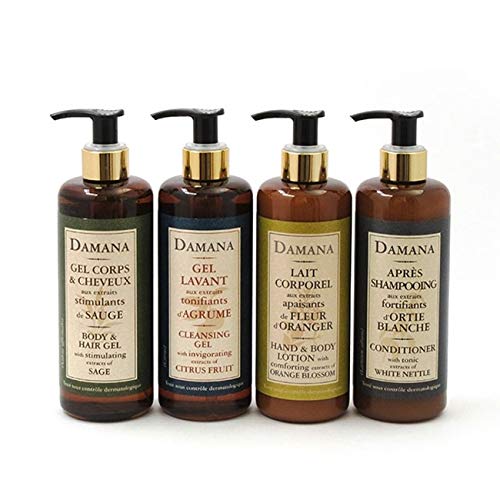 DAMANA Organic Bath Line Set of 4,10.1 Ounce Bottles -  Shampoo & Body Gel, Conditioner, Cleansing Gel, Body Lotion - The Finished Room
