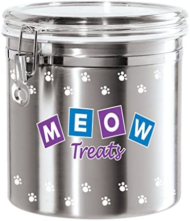 Oggi Jumbo Airtight Stainless Steel Pet Treat Canister with Meow Treats Motif-Clear Acrylic Flip-Top Lid and Locking Clamp Closure, 130 oz, Silver - The Finished Room