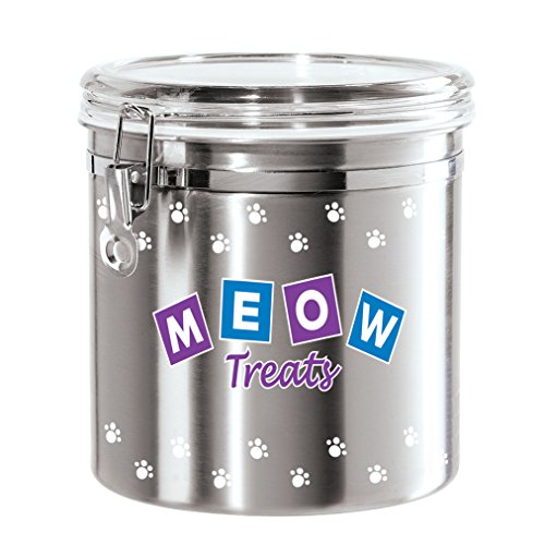 Oggi Jumbo Airtight Stainless Steel Pet Treat Canister with Meow Treats Motif-Clear Acrylic Flip-Top Lid and Locking Clamp Closure, 130 oz, Silver - The Finished Room