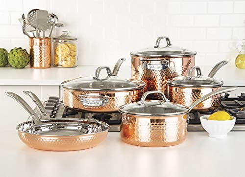 Viking Culinary 3-Ply Stainless Steel Hammered Copper Clad Cookware Set, 10 Piece - The Finished Room