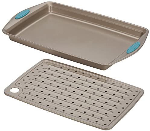 Rachael Ray Cucina Nonstick Bakeware Set with Grips, Nonstick Cookie Sheet / Baking Sheet and Crisper Pan - 2 Piece, Latte Brown with Agave Blue Handle Grips - The Finished Room
