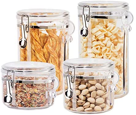 Oggi 4pc Clear Canister Set with Clamp Lids &amp; Spoons Airtight Containers in Sizes Ideal for Kitchen Pantry Storage of Bulk Dry Foods Including Flour Sugar Coffee Rice Tea Spices Herbs - The F