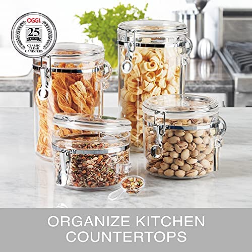 Oggi 4pc Clear Canister Set with Clamp Lids &amp; Spoons Airtight Containers in Sizes Ideal for Kitchen Pantry Storage of Bulk Dry Foods Including Flour Sugar Coffee Rice Tea Spices Herbs - The F