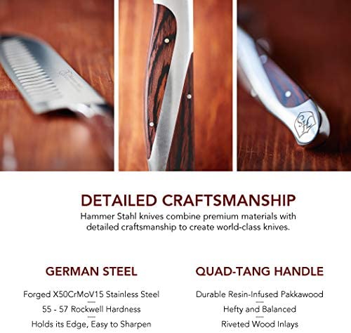 Hammer Stahl Barbecue Knife Roll Set - Includes Five Essential BBQ Knives - German Forged High Carbon Steel - Ergonomic Quad-Tang Pakkawood Handle - The Finished Room