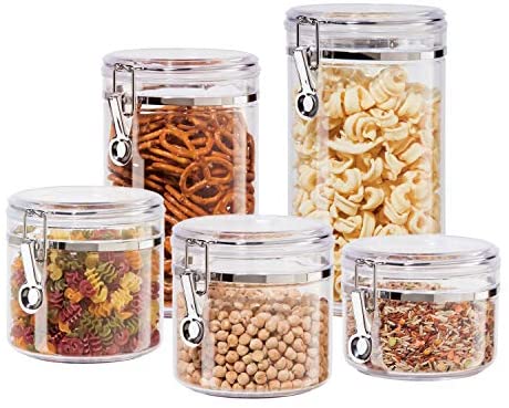 Oggi 5pc Clear Canister Set with Clamp Lids Airtight Containers in Sizes Ideal for Kitchen &amp; Pantry Storage of Bulk, Dry Foods Including Flour, Sugar, Coffee, Rice, Tea, Spices &amp; Herbs - The 