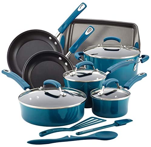 Rachael Ray Brights Nonstick Cookware Set / Pots and Pans Set - 14 Piece, Marine Blue - The Finished Room