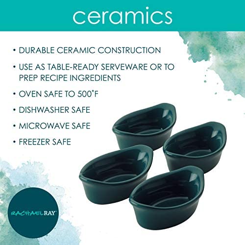 Rachael Ray Solid Glaze Ceramics Dipping Cups / Ramekin Set for Snacks, Desserts, and More, Oval - 4 Piece, Teal Blue - The Finished Room