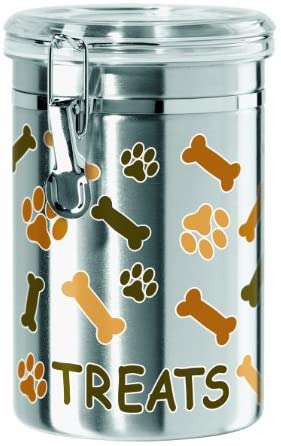 Oggi Airtight Stainless Steel 51-Ounce Pet Treat Canister with Treats, Paws and Bones Motif-Clear Acrylic Flip-Top Lid with Locking Clamp Closure - The Finished Room