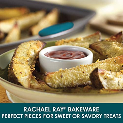 Rachael Ray Nonstick Bakeware with Grips includes Nonstick Bread Pan, Baking Pan, Cake Pans and Cookie Sheet / Baking Sheet - 5 Piece, Gray with Red Grips - The Finished Room