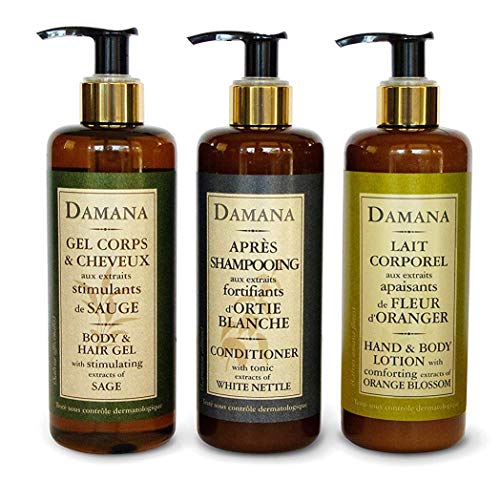 DAMANA Organic Bath Line Set of 3,10.1 Ounce Bottles - Hand & Body Lotion, Body & Hair Gel, Hair Conditioner - The Finished Room