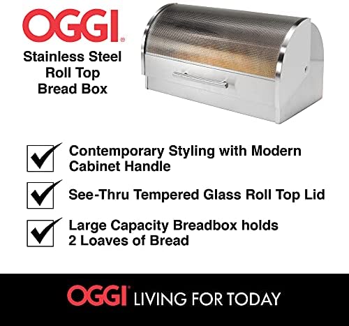 Oggi Stainless Steel Roll Top Bread Box with Tempered Glass Lid - The Finished Room