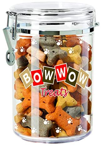 Oggi Acrylic Airtight Pet Treat Canister with Bow Wow Motif Food Storage Container, 51-Ounce, Bowwow Decal - The Finished Room