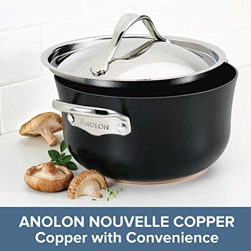 Anolon Nouvelle Copper Luxe Hard Anodized Nonstick Dutch Oven/Stockpot/Saucepan with Stainless Steel Lid/Induction Suitable/Dishwasher Safe, 4 Quart, Onyx Black - The Finished Room