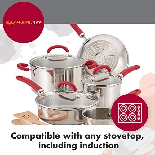 Rachael Ray Create Delicious Stainless Steel Cookware Set, 10-Piece Pots and Pans Set, Stainless Steel with Light Blue Handles - The Finished Room