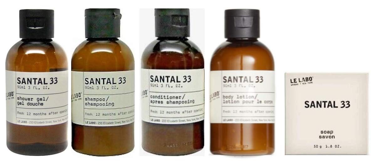 Le Labo Santal 33 Amenity Set of Shower Gel, Shampoo, Conditioner, Lotion, Soap. - The Finished Room