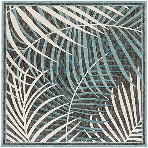 Izabel Aqua, Ivory and black Indoor / Outdoor Area Rug 7&#39;6&quot; Square - The Finished Room