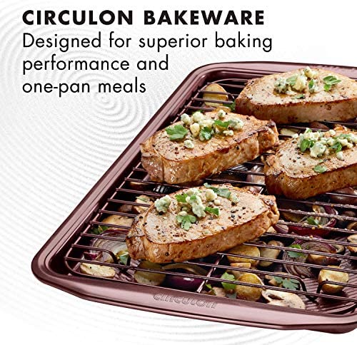 Circulon Nonstick Bakeware Set, Nonstick Cookie Sheet / Baking Sheet with Cooling Rack - 2 Piece, Merlot Red - The Finished Room
