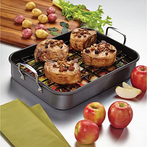 Rachael Ray Brights Hard Anodized Nonstick Roaster / Roasting Pan with Rack - 16 Inch x 12 Inch, Gray - The Finished Room