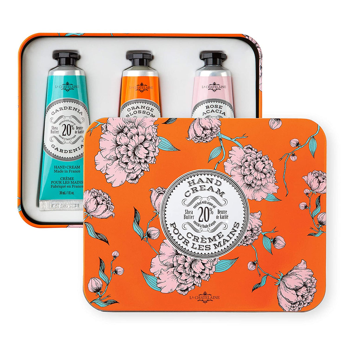 La Chatelaine Hand Cream Trio Collection, featuring Gardenia, Orange Blossom, and Rose Acacia - The Finished Room